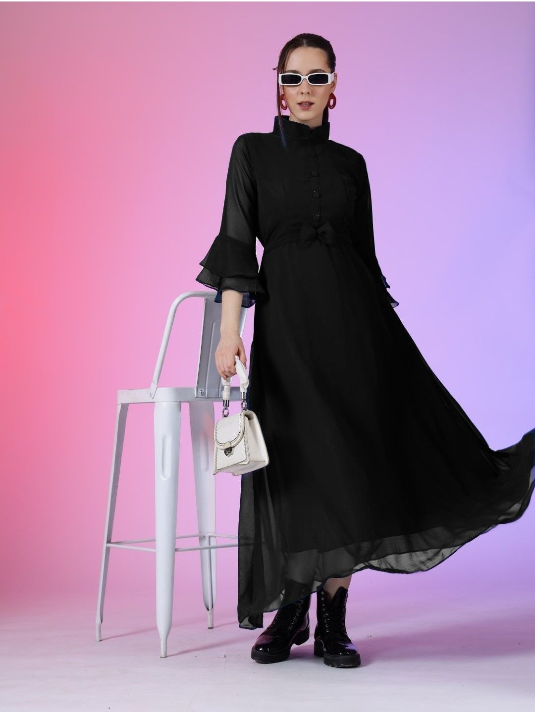 

Krunal Raiyani Women Mock Neck Fit & Flare Maxi Dress, Black
