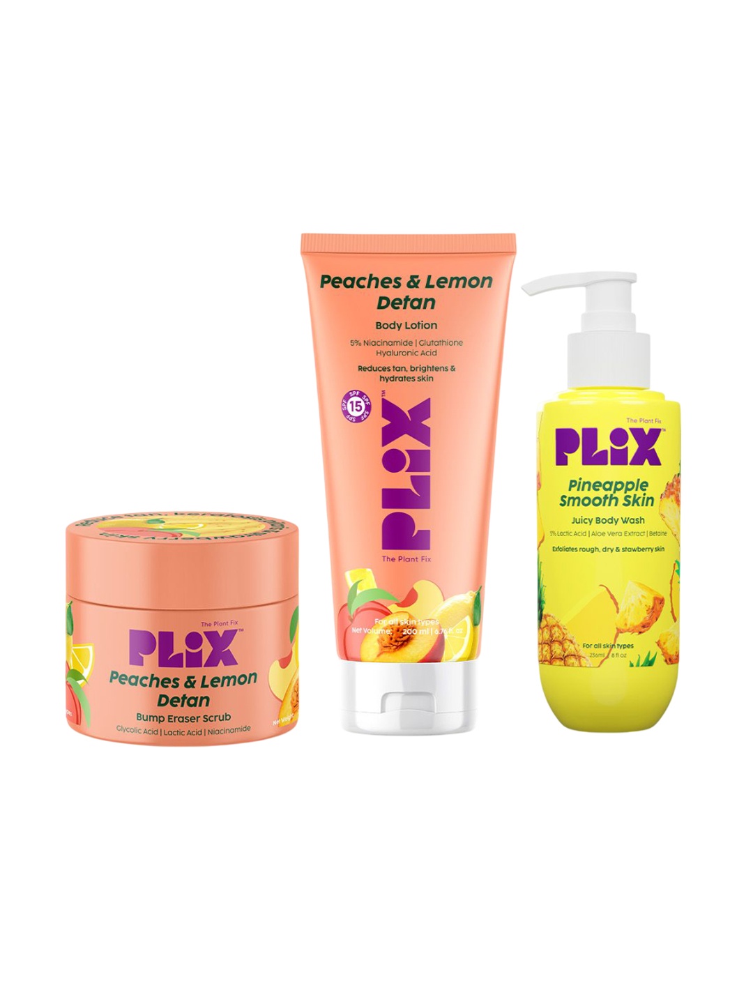 

PLIX THE PLANT FIX Set Of 3 Peaches & Lemon Detan Body Scrub, Body Lotion & Body Wash, Pink
