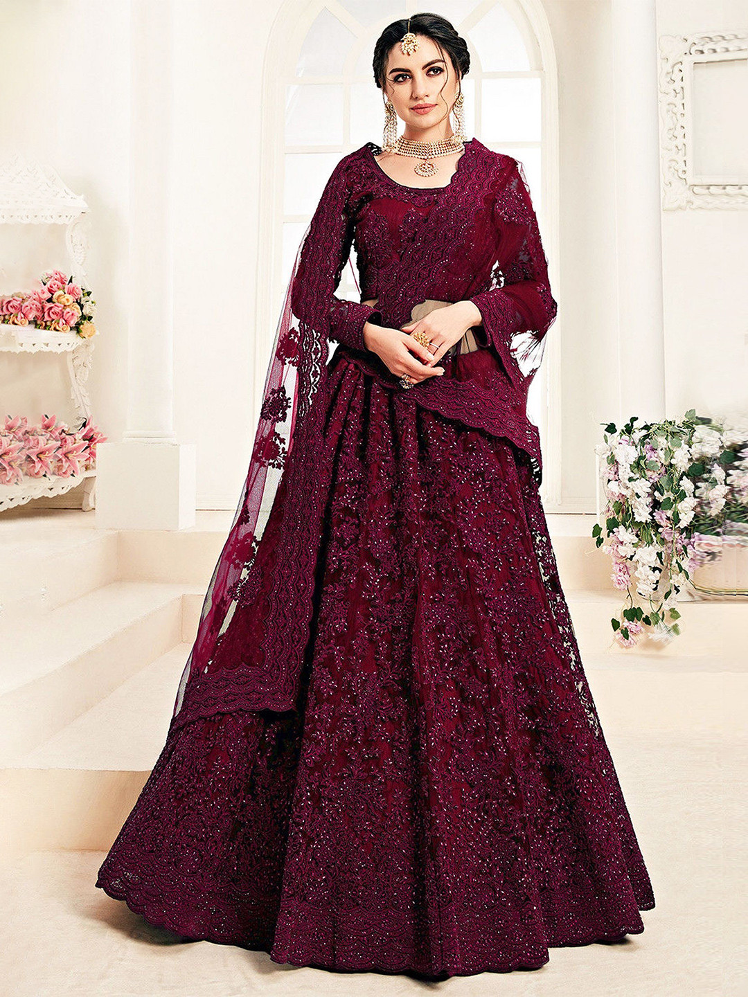 

Aika Embroidered Beads and Stones Semi-Stitched Lehenga & Unstitched Blouse With Dupatta, Maroon
