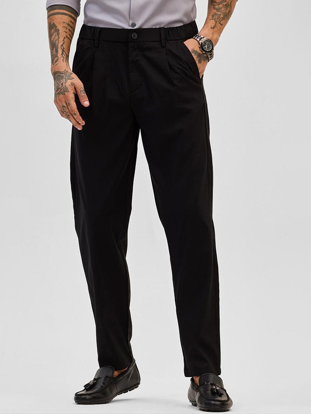 

Snitch Men Smart Slim Fit Pleated Trousers, Black