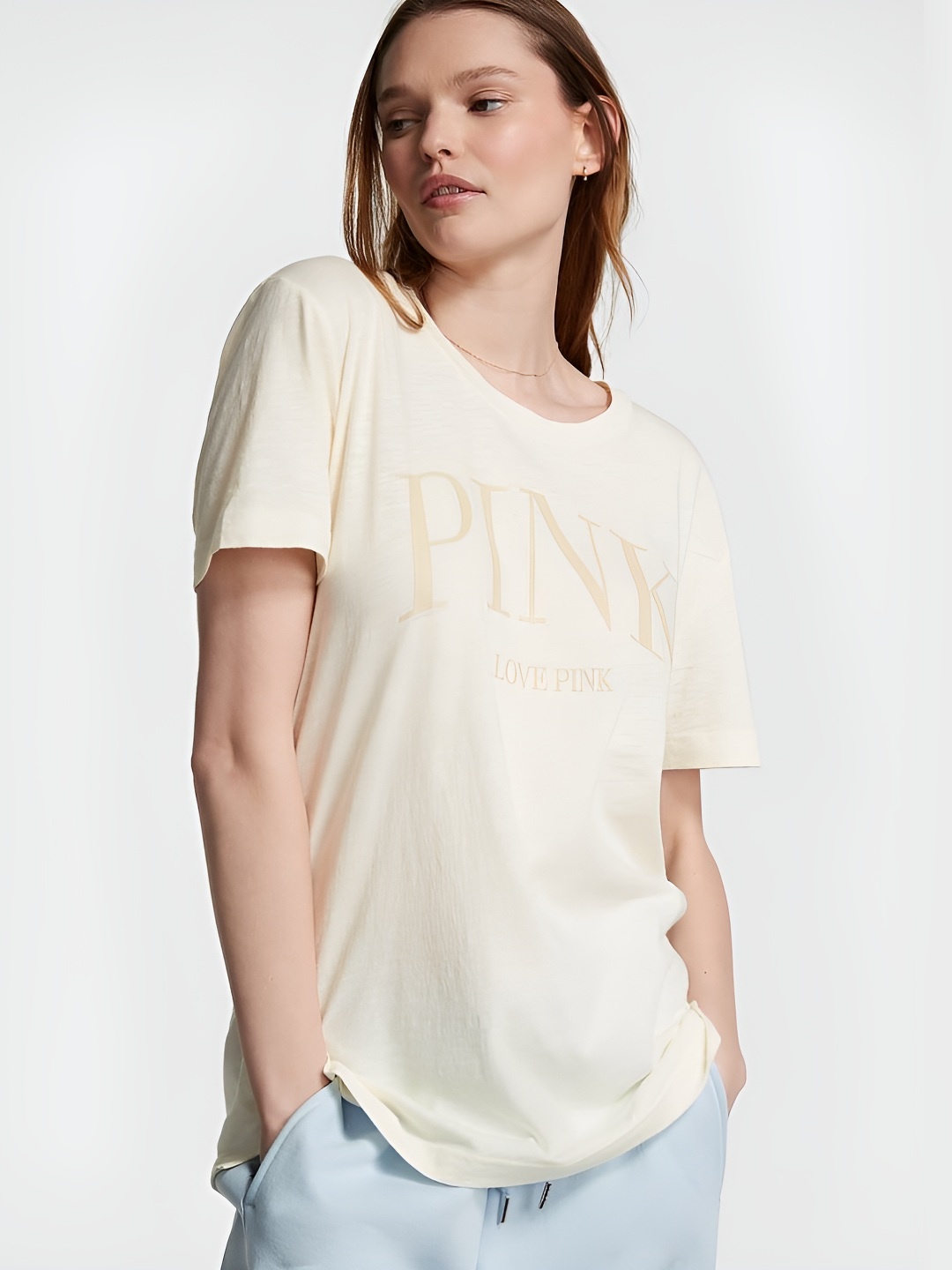 

Victoria's Secret Women Typography Printed Round Neck Cotton Relaxed Fit T-shirt, Beige