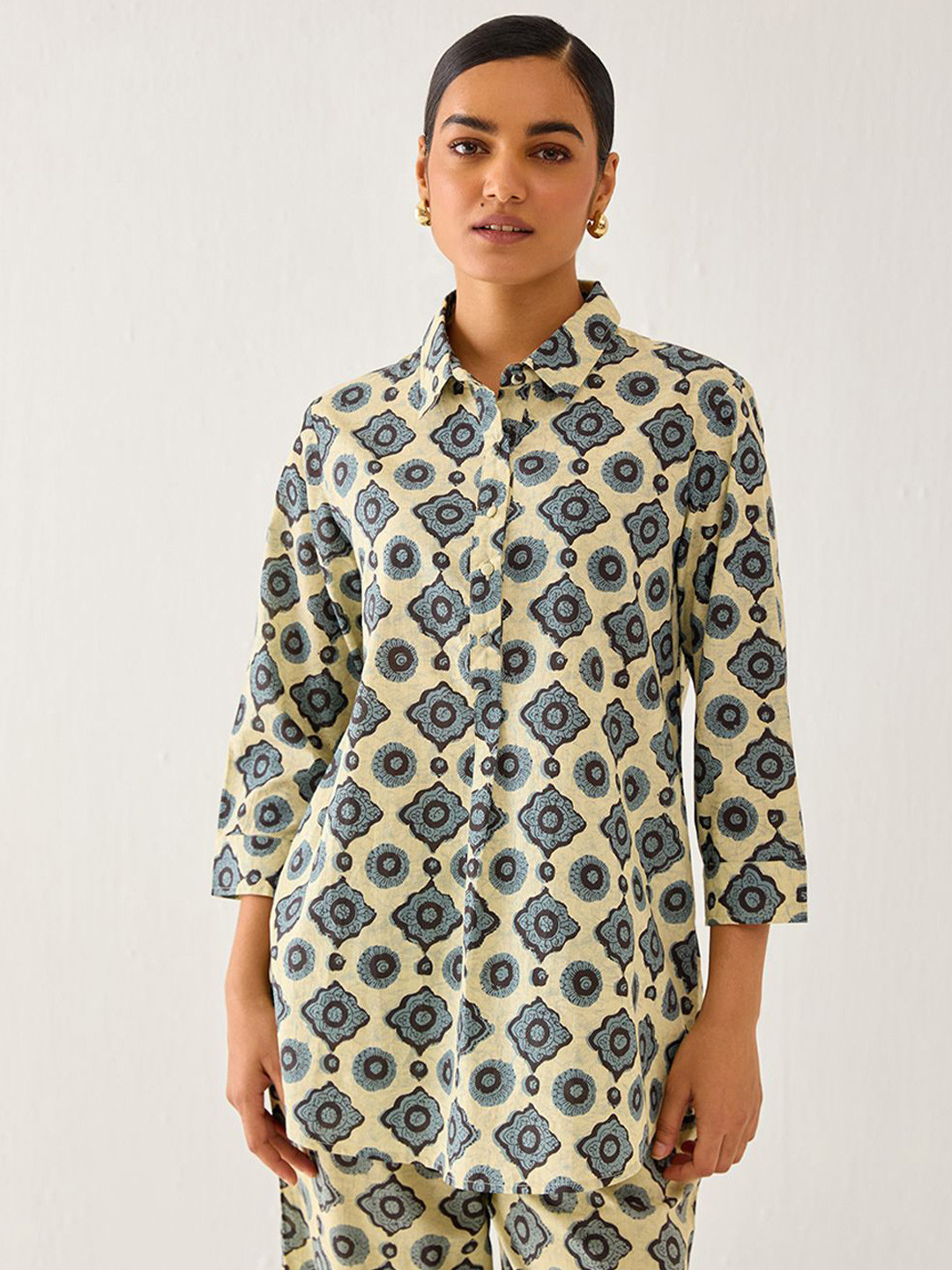 

Ancestry Print Cotton Shirt Style Top, Blue