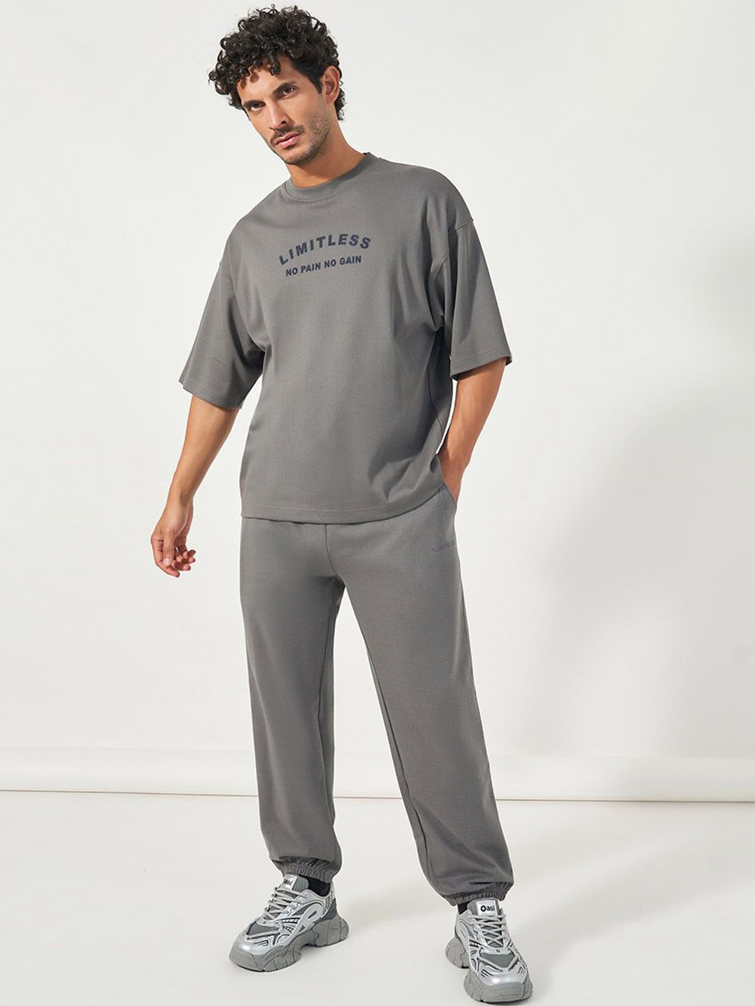 

Styli Men Eco Earth Graphic Print Boxy T-Shirt and Oversized Jogger Co-Ords, Grey