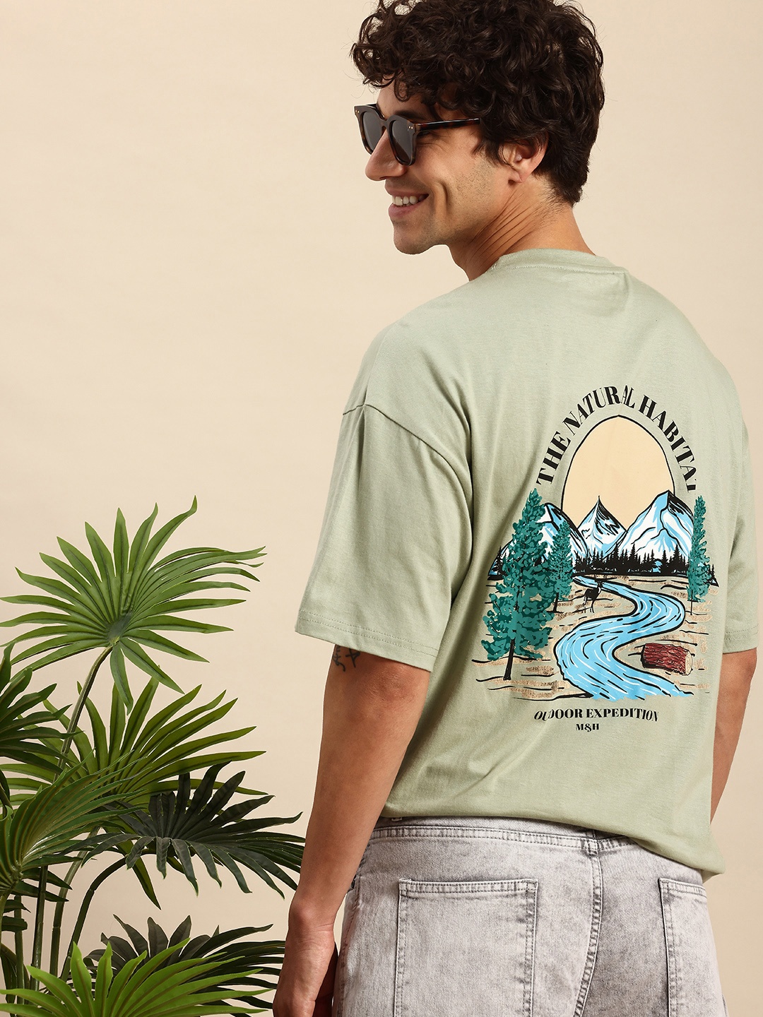 

Mast & Harbour Pure Cotton Graphic Printed Drop-Shoulder Sleeves Oversized T-shirt, Green