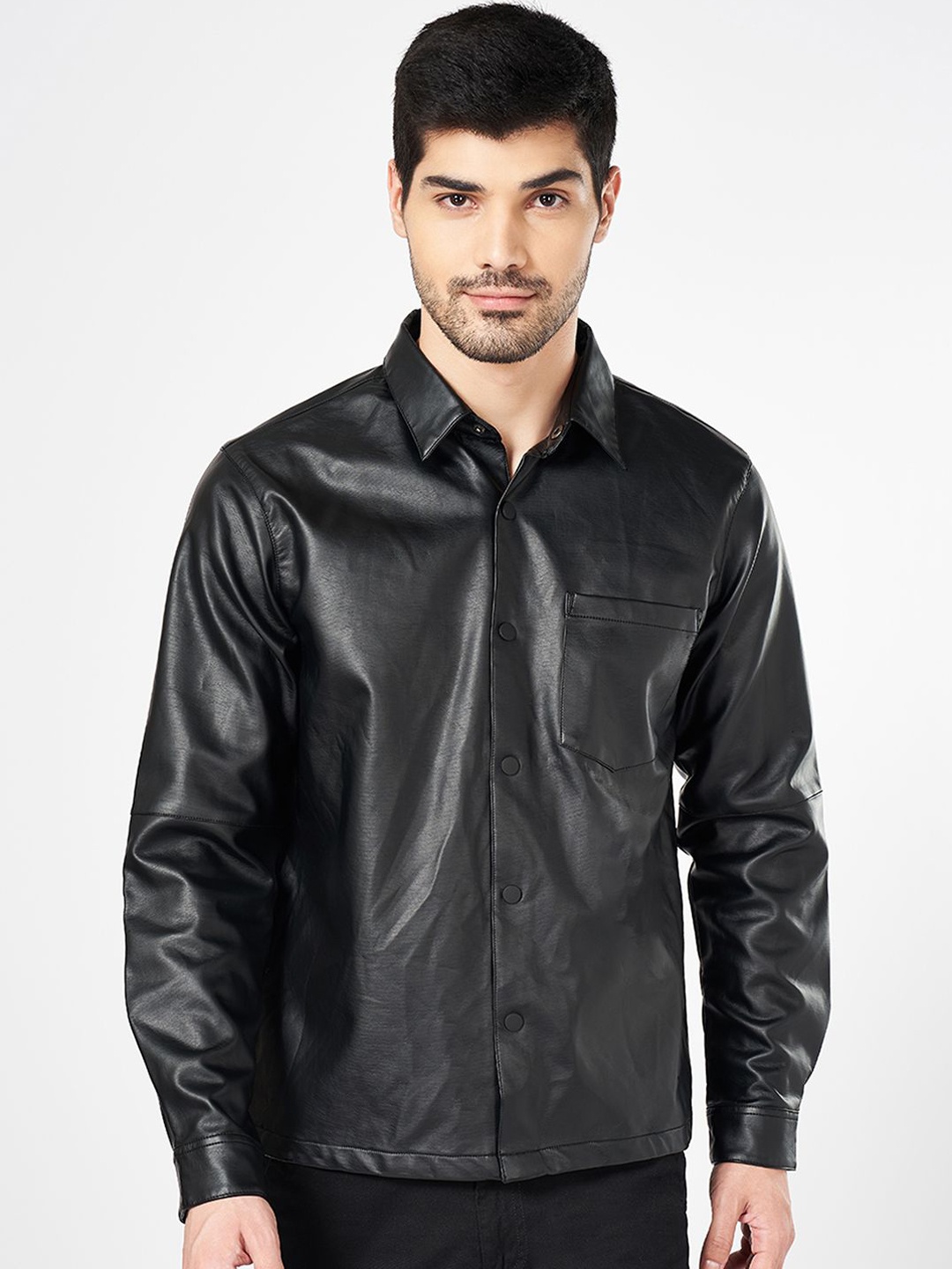 

BYFORD by Pantaloons Men Washed Crop Biker Jacket, Black