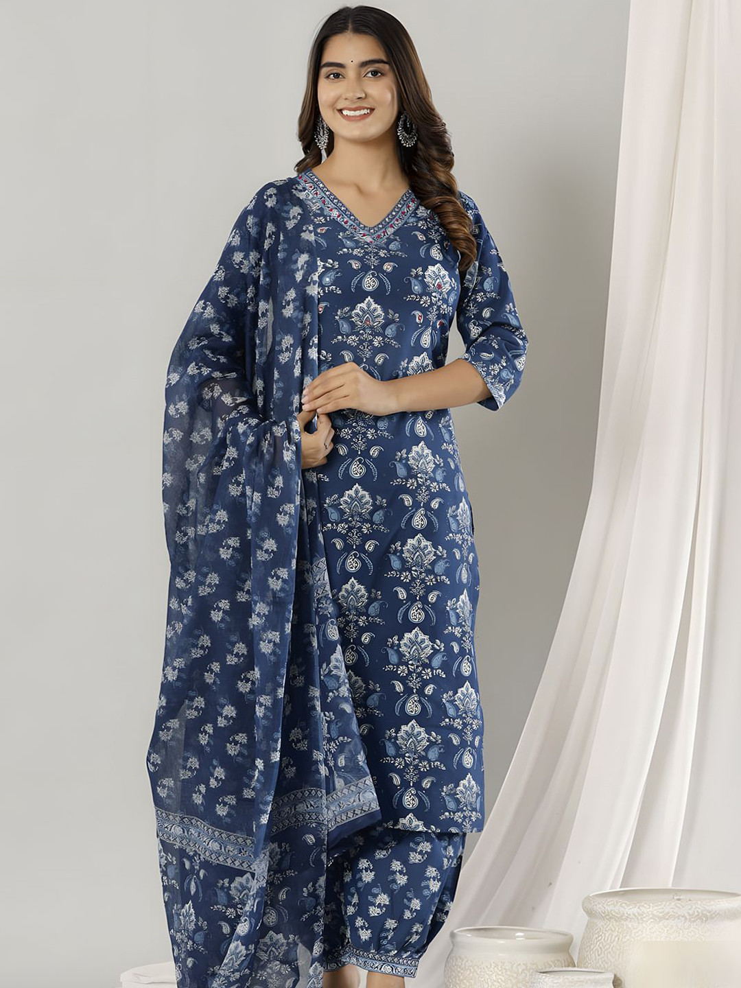 

KALINI Women Floral Printed Regular Pure Cotton Kurta with Dhoti Pants & With Dupatta, Blue