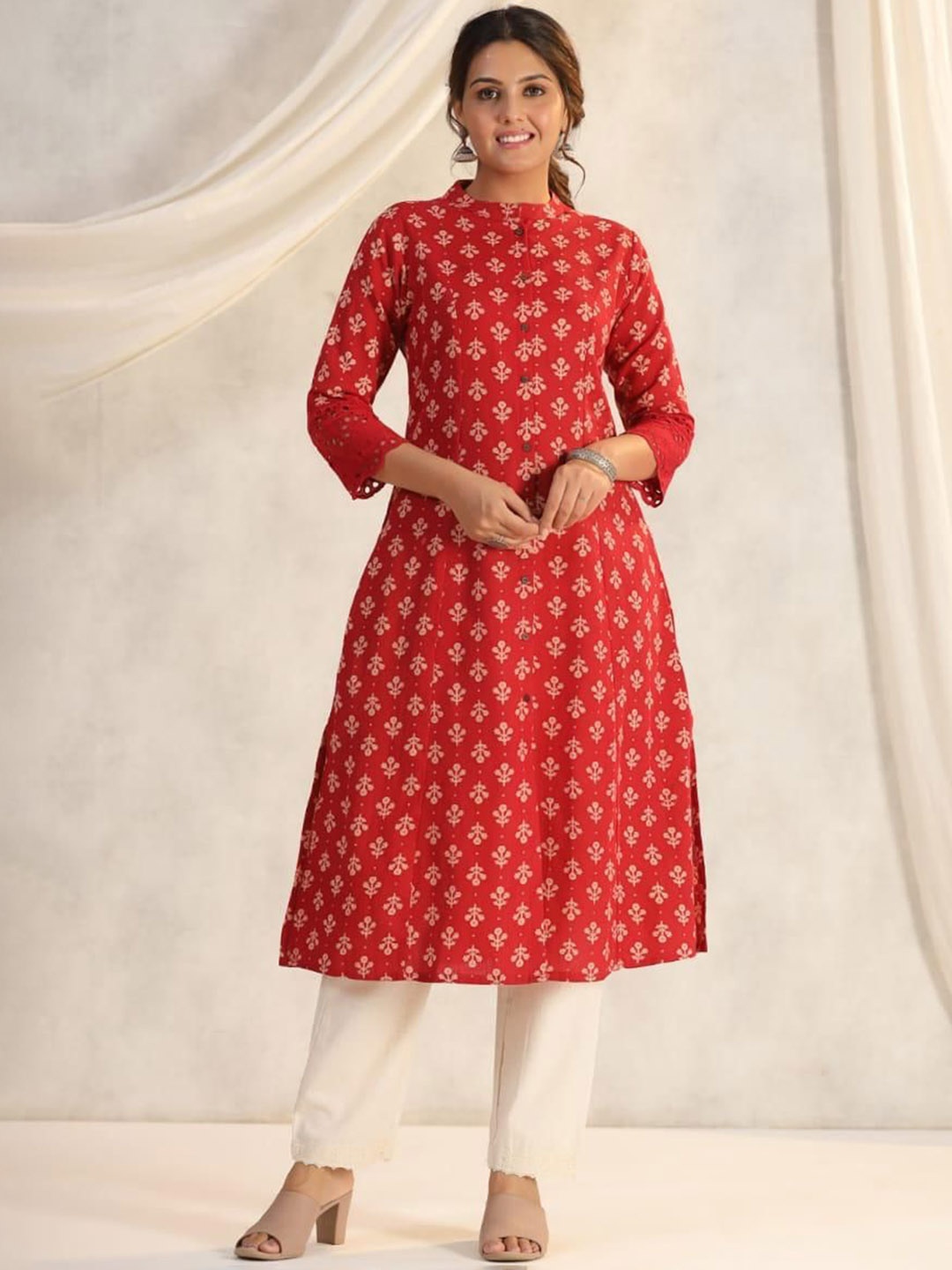 

KALINI Women Ethnic Motifs Panelled Pure Cotton Kurta with Trousers, Red