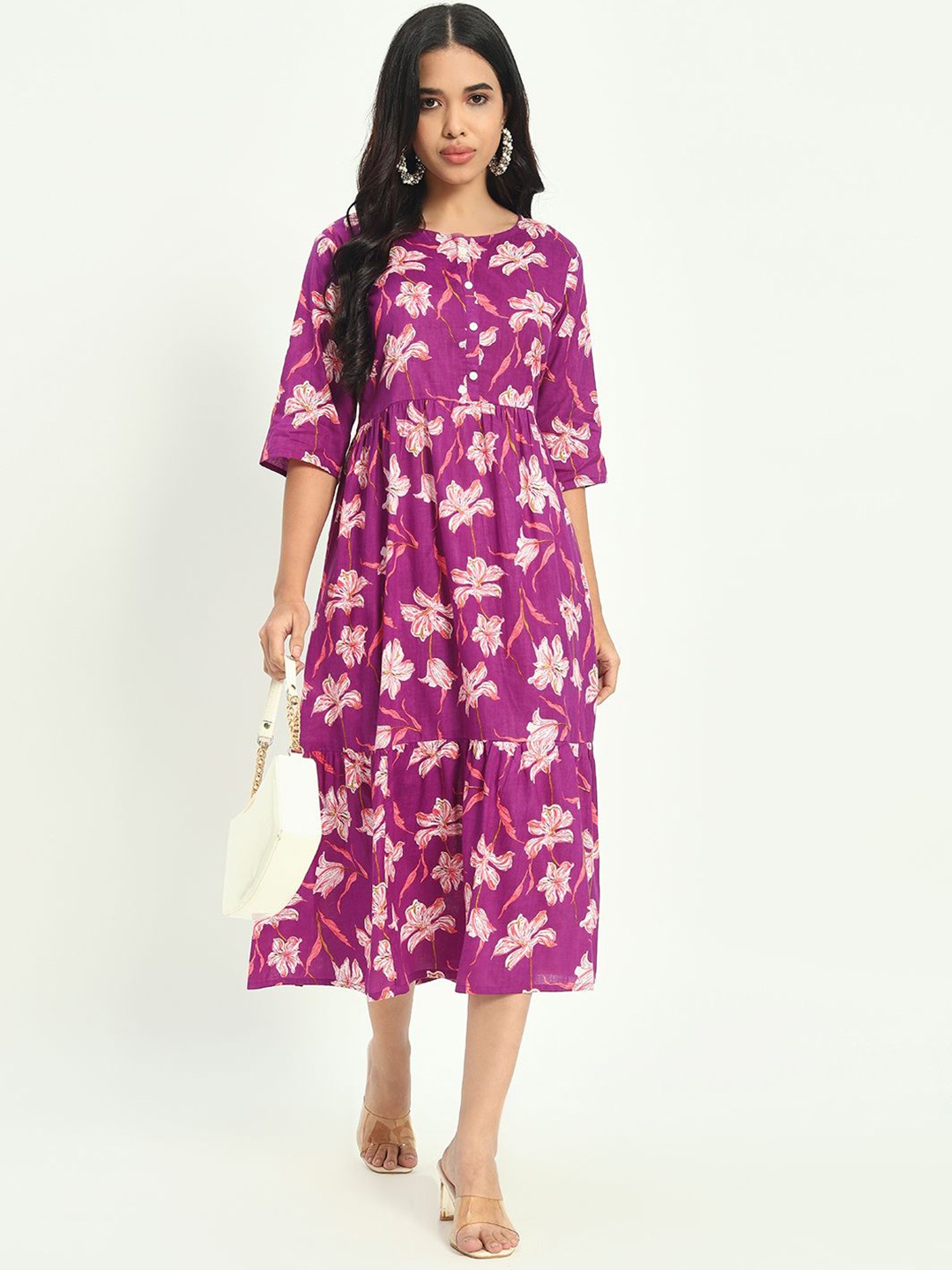 

ASHRU Printed Anarkali Midi Ethnic Dress, Purple