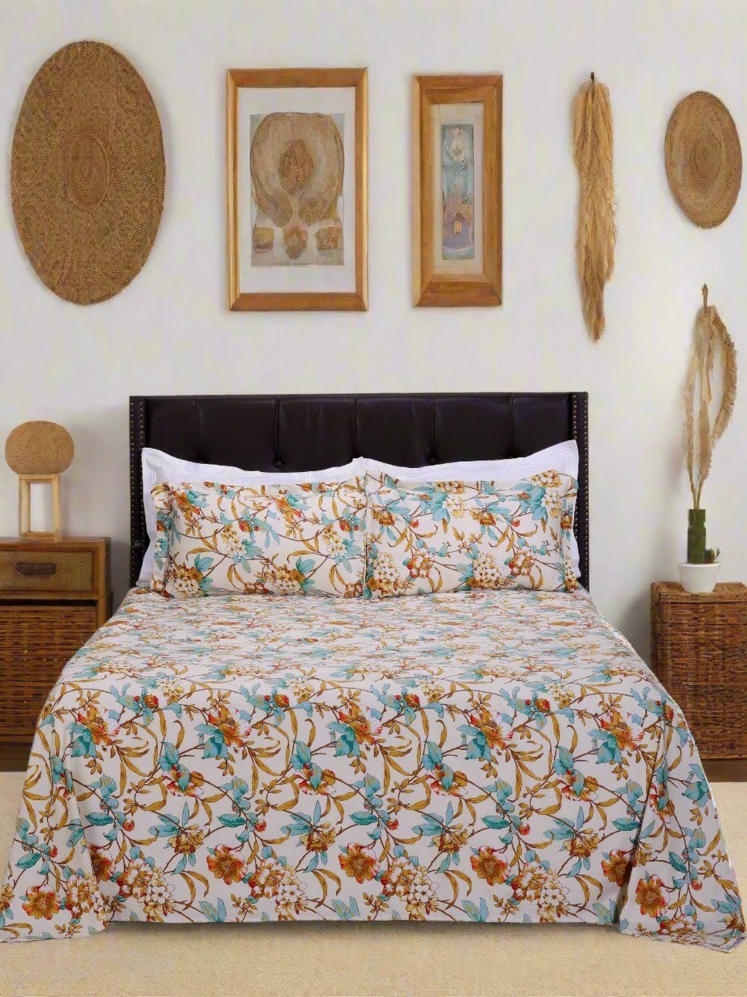

SHAHENAZ Off White & Blue Floral Cotton 300 TC Queen Bedsheet Set-2.7 m X 2.25 m