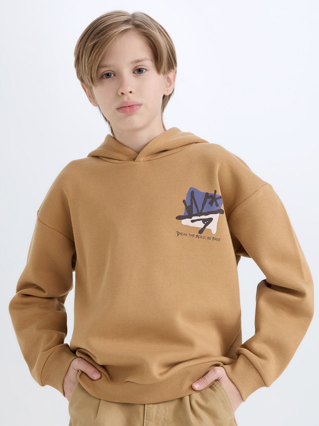 

DeFacto Boys Graphic Printed Hooded Pullover Sweater, Beige