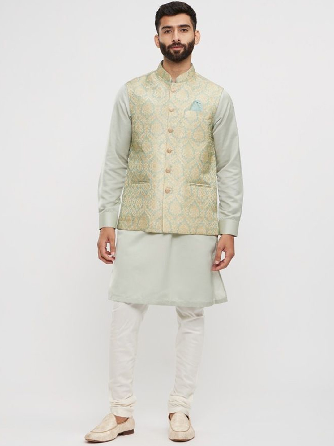 

Twamev Mandarin Collar Long Sleeves Regular Straight Kurta With Churidar With Nehru Jacket, Green