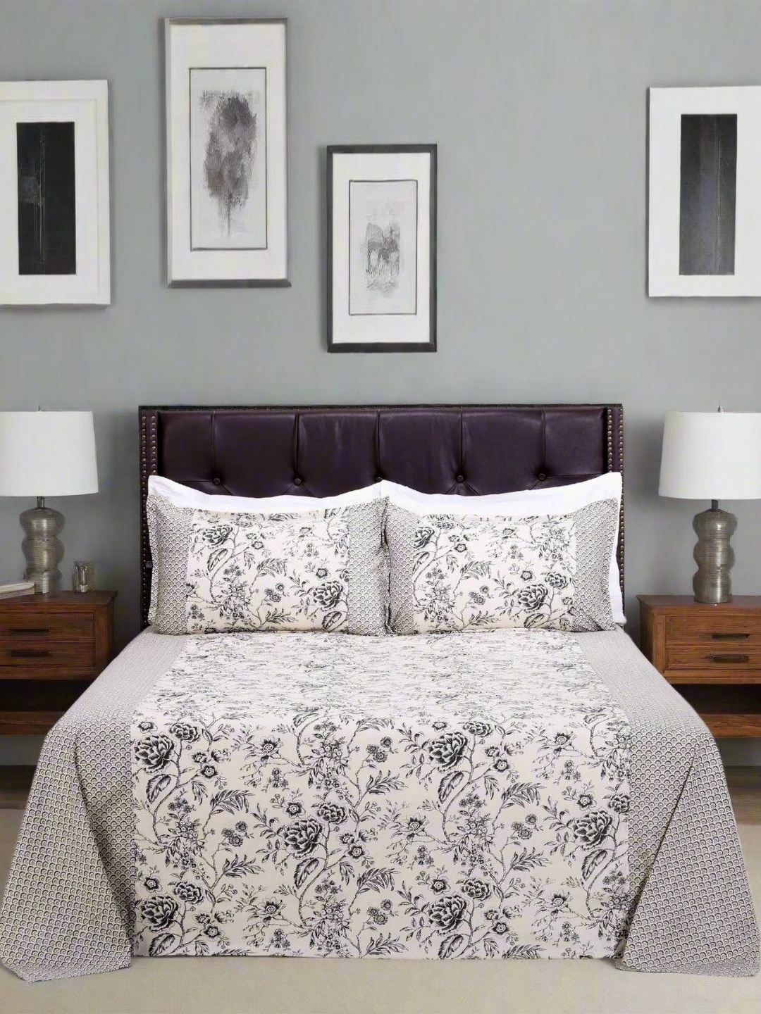 

SHAHENAZ Grey & White Floral Cotton 120 TC Queen Bedsheet Set-2.7 m X 2.25 m