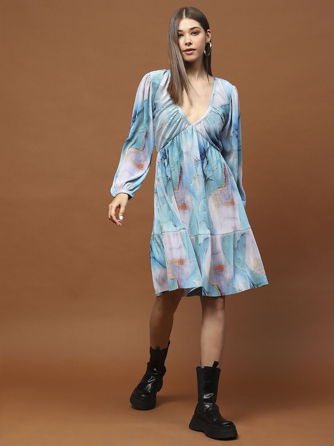 

StyleCast X SERA Print Flared Sleeve Fit & Flare Mini Dress, Blue
