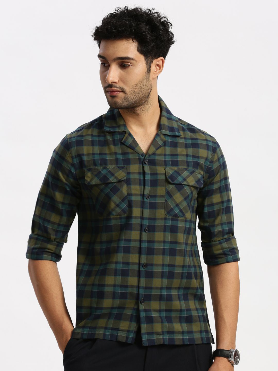 

Grit and Flair Men Standard Tartan Checks Opaque Checked Casual Shirt, Navy blue