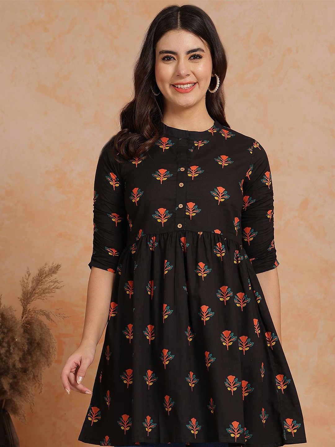 

antaran Floral Embroidered Mandarin Collar Cotton Top, Black