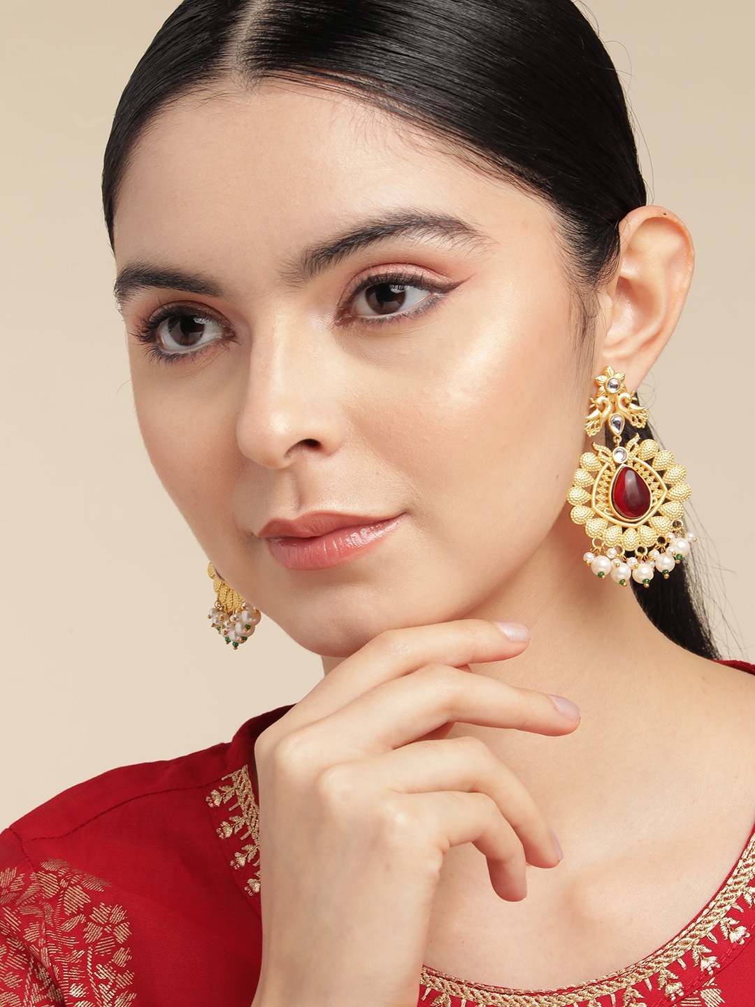 

Anouk Gold Plated Artificial Stones and Beads Classic Drop Earrings, Maroon