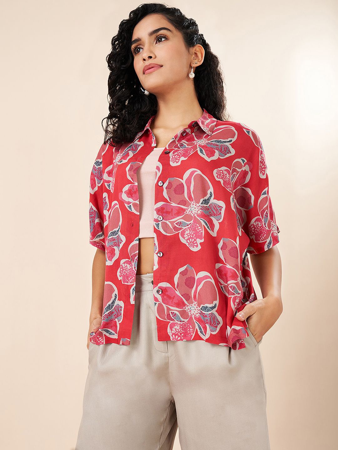 

AKKRITI BY PANTALOONS Women Floral Printed Shirt Style Top, Pink