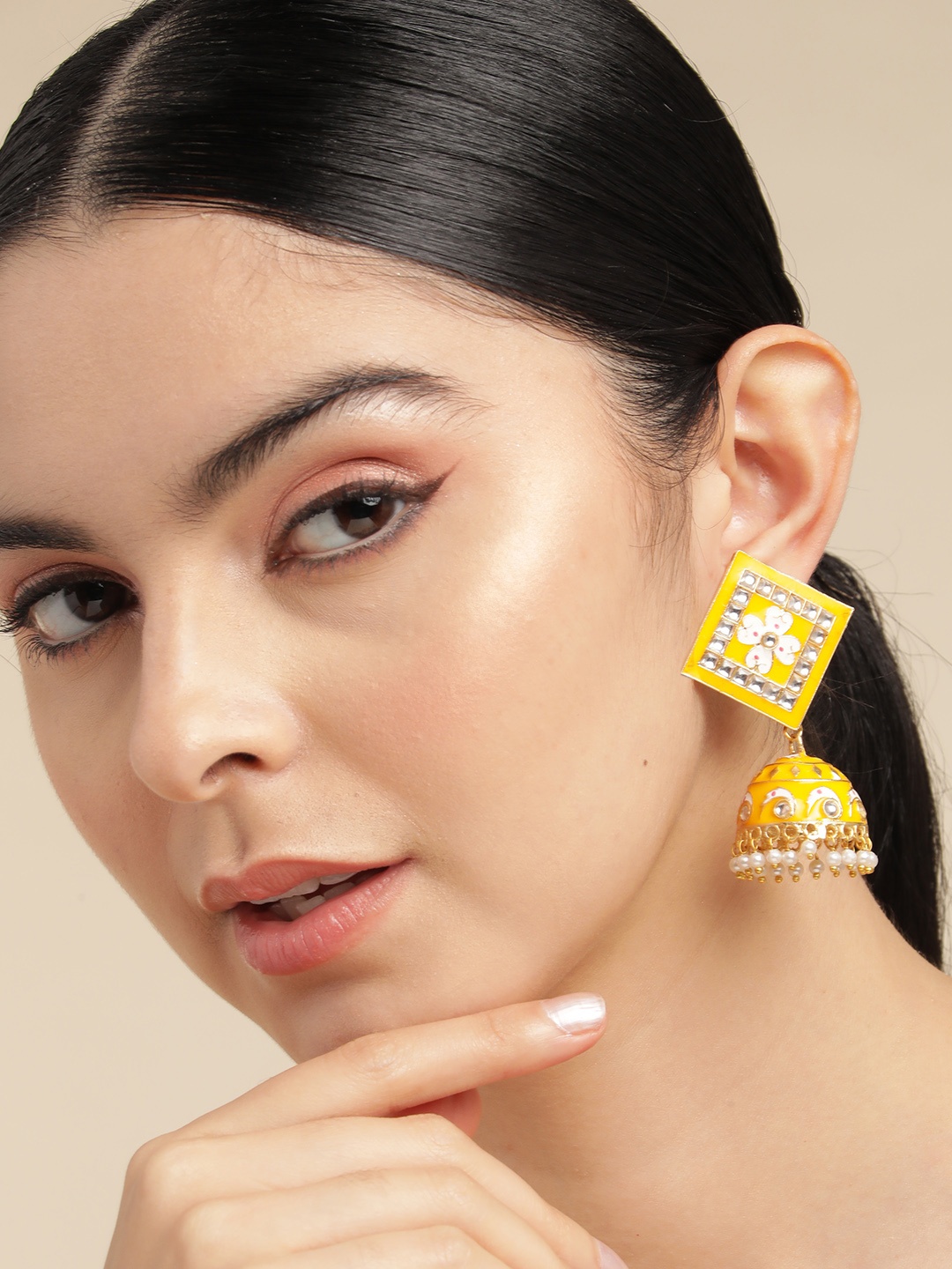 

Anouk Gold Plated Beaded Enamelled Dome Shaped Jhumkas Earrings, Yellow