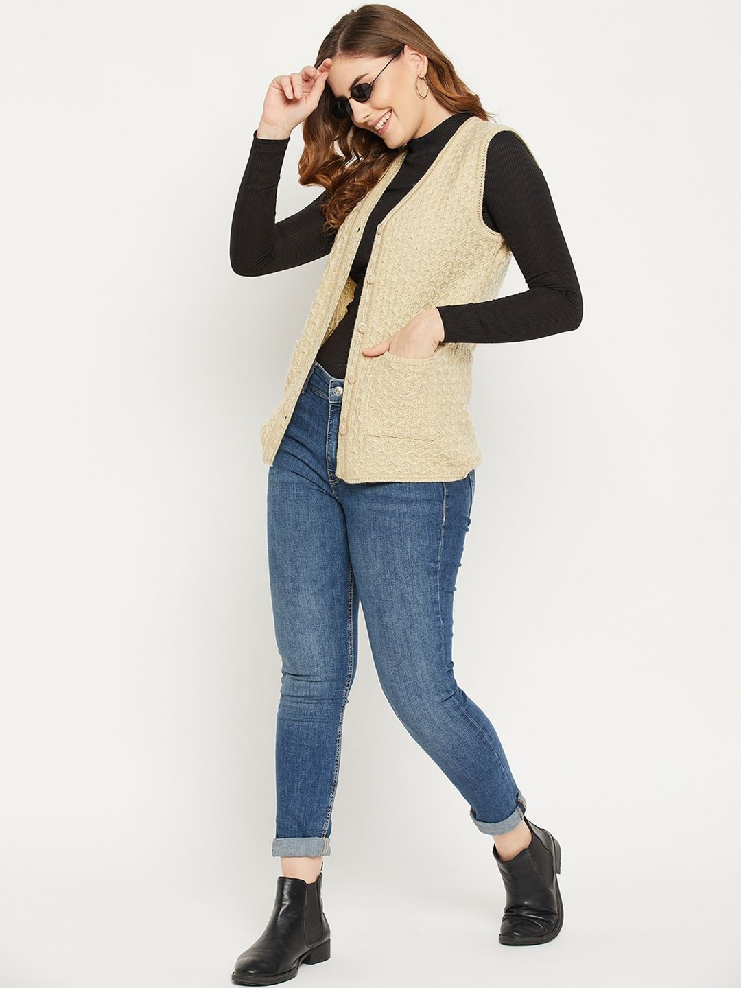 

Zigo Women Cable Knit Woollen Cardigan Sweaters, Beige