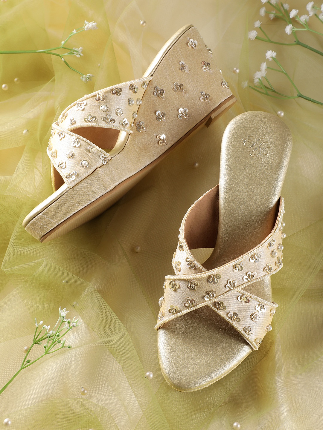 

House of Pataudi Embellished Wedges, Gold