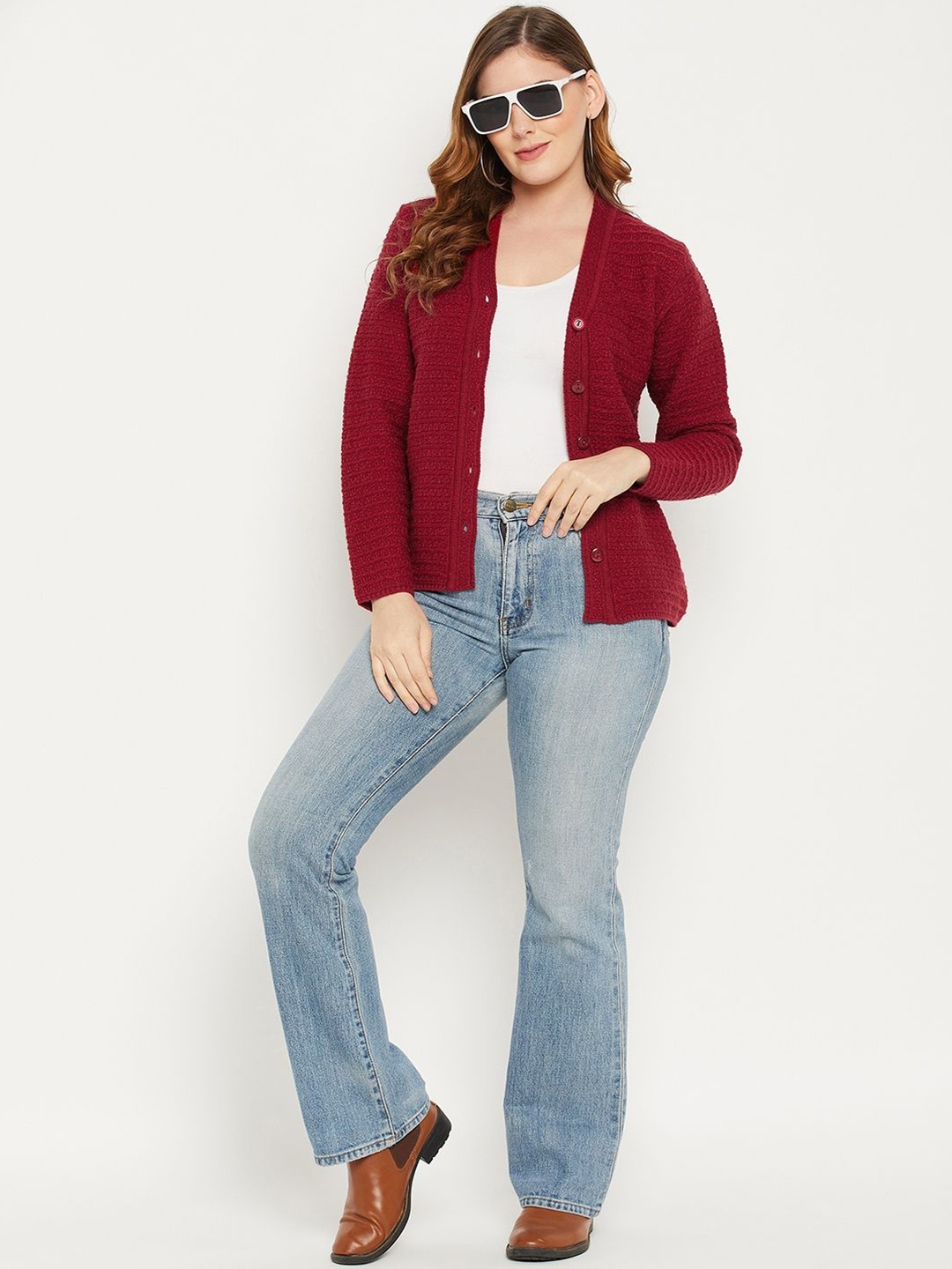 

Zigo Women Cable Knit Woollen Cardigan, Maroon