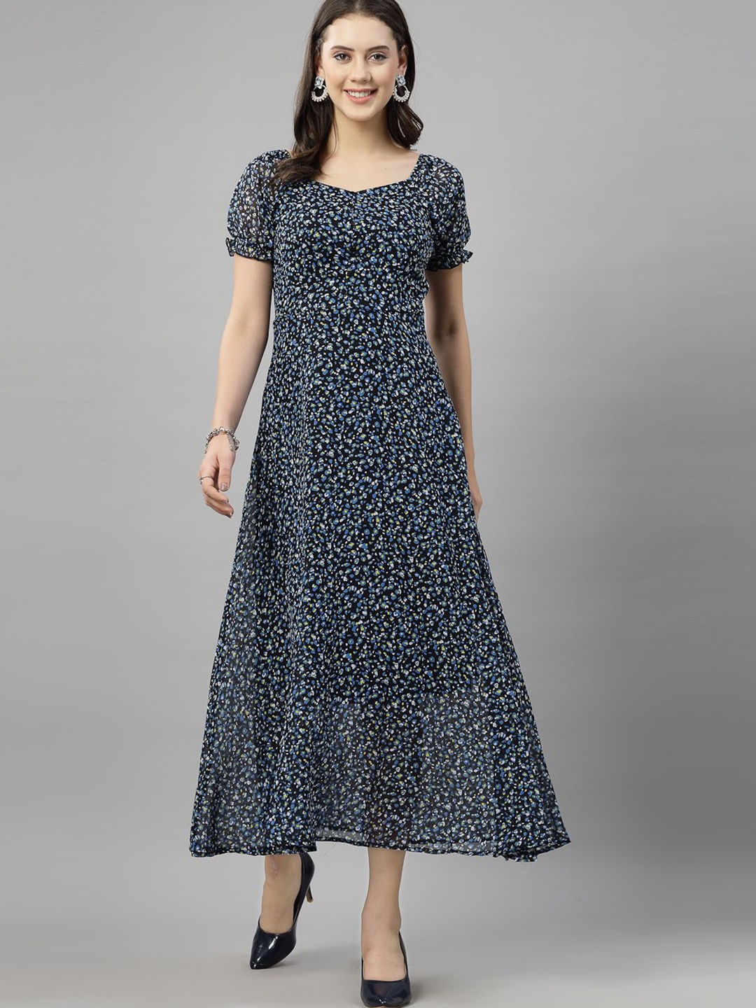 

BAESD Women Floral Printed Puff Sleeves A-Line Maxi Dress, Navy blue