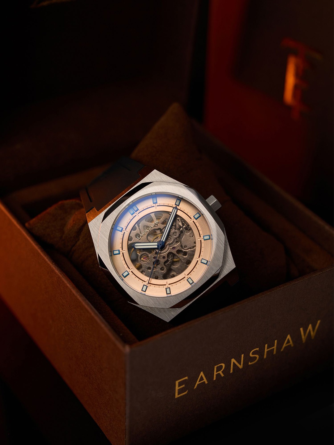 

EARNSHAW Men Drake Skeleton Brass Dial & Straps Automatic Motion Powered Watch ES-8295-01, Rose gold