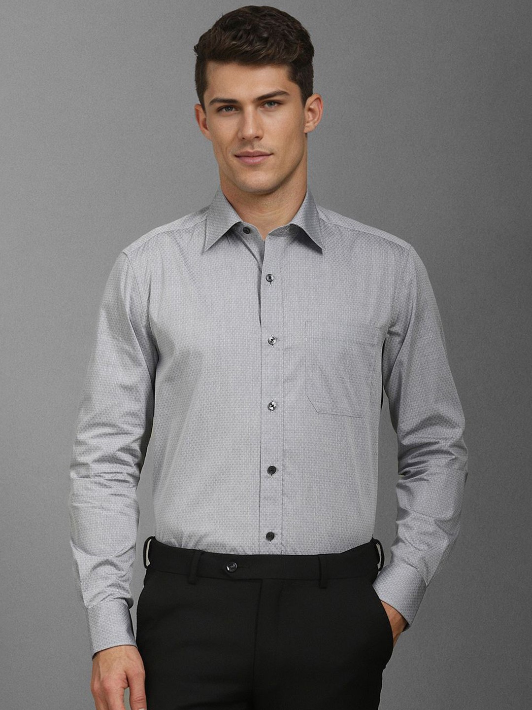 

Louis Philippe Men Classic Spread Collar Textured Cotton Formal Shirt, Grey