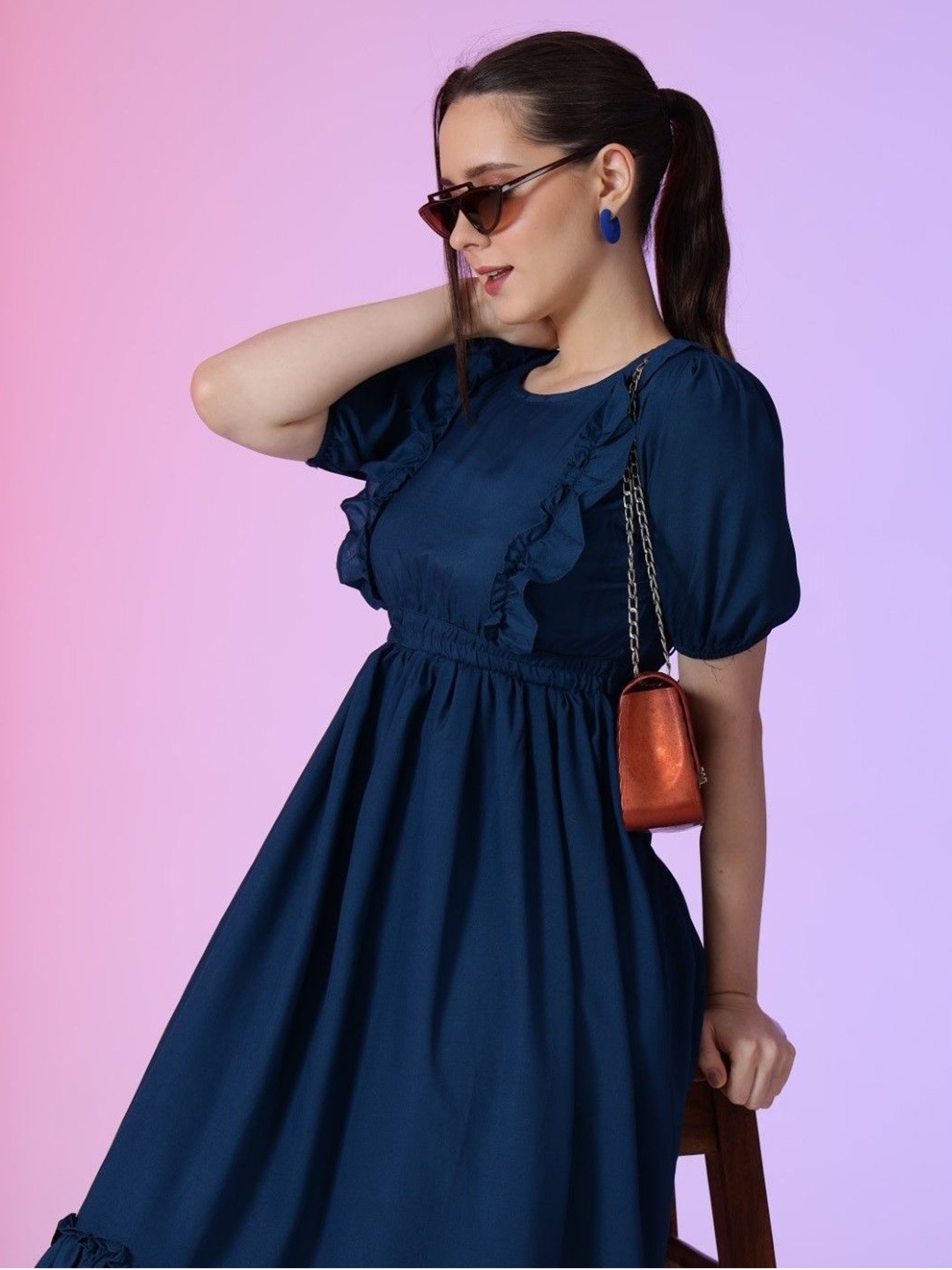 

Krunal Raiyani Women Round Neck Fit & Flare Knee Length Dress, Blue