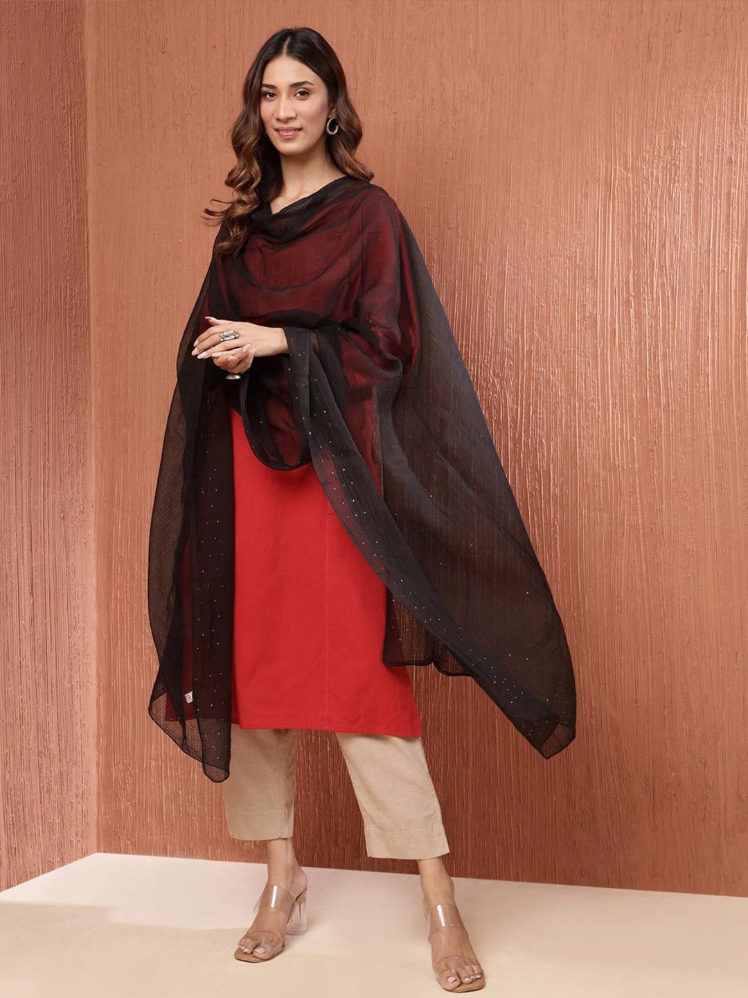 

Fabindia Embroidered Dupatta with Sequinned, Black