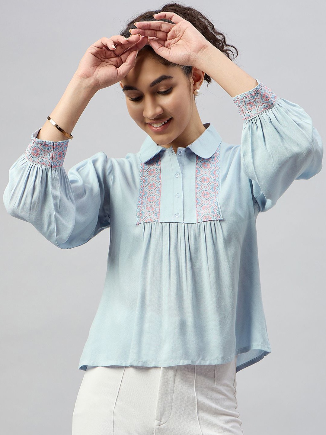 

The Roadster Lifestyle Co Women Embroidered Shirt Collar Cuffed Sleeves A-Line Top, Blue