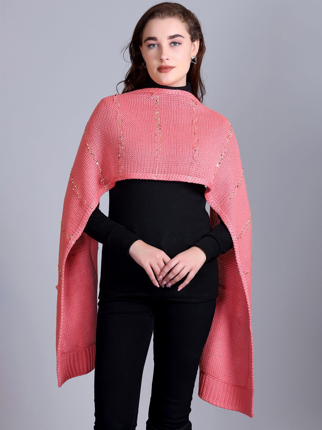 

513 Women Sequinned Self Design Winter Mufflers, Pink
