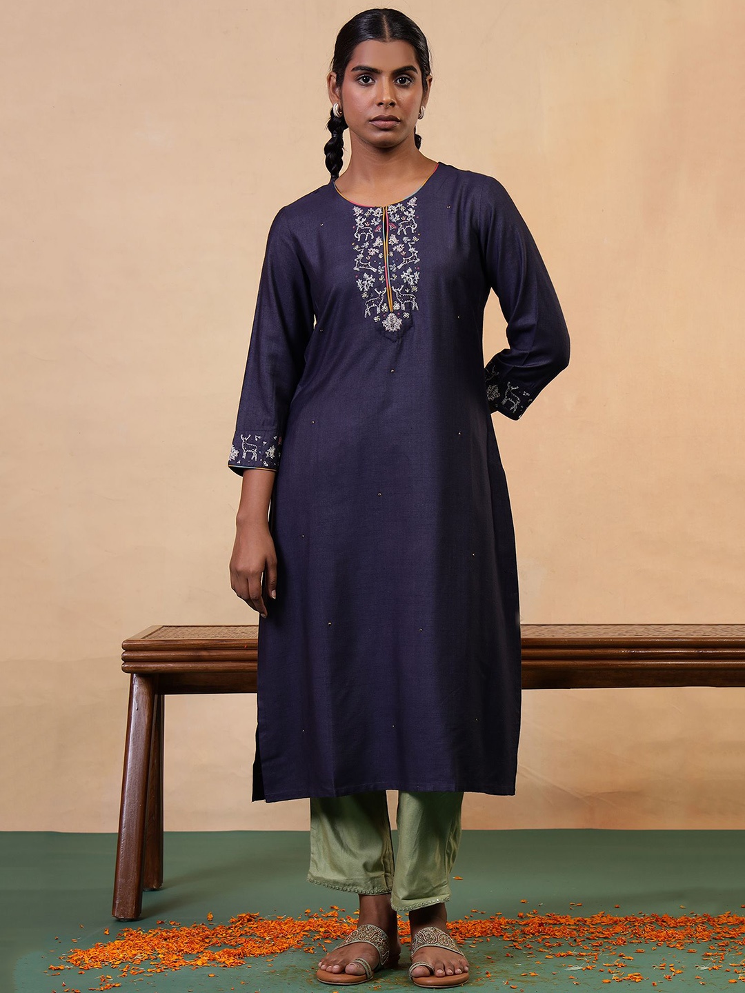 

Folk Song Women Embellished Mirror Work Kurta, Blue
