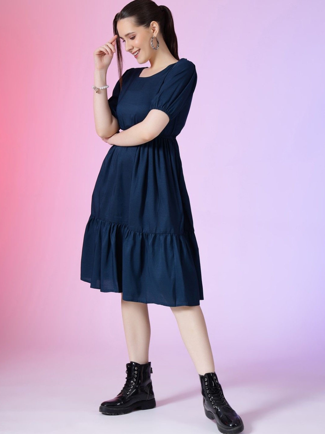

Krunal Raiyani Women Puff Sleeves Knee Length Tiered Fit & Flare Dress, Blue