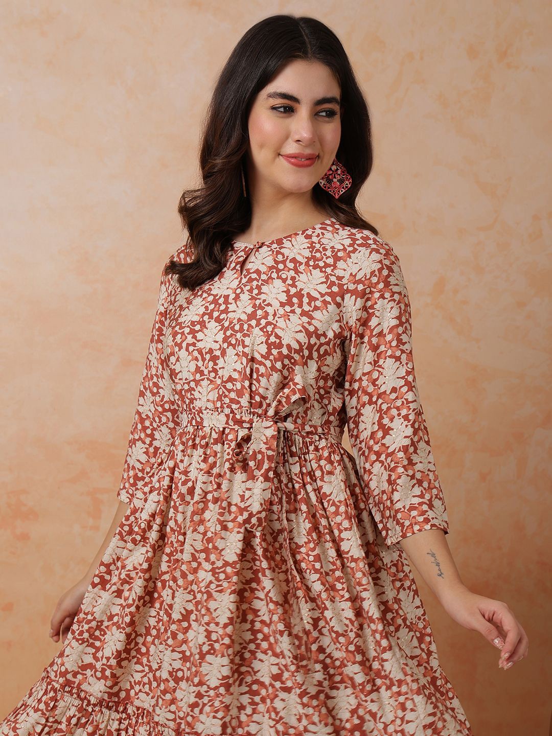 

Anouk Ethnic Motifs Printed Keyhole Neck Fit and Flare Dress Comes with a belt, Rust