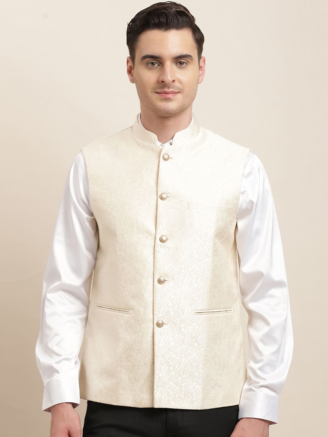 

Turtle Men Woven Design Nehru Jacket, Beige