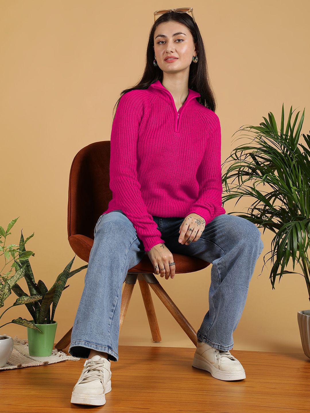 

Kotty Women Mock Collar Ribbed Pullover Sweaters, Pink