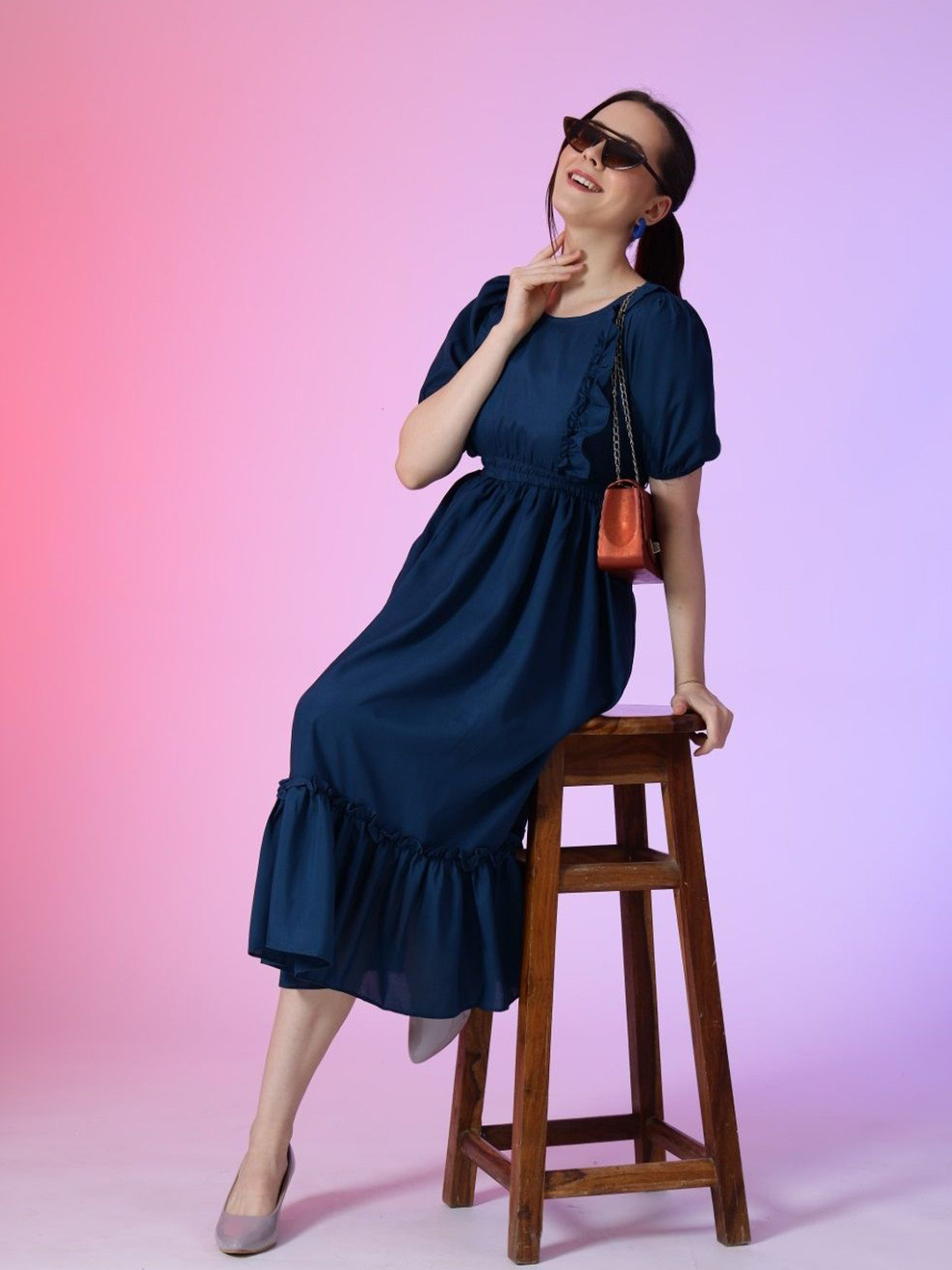 

Femvy Women Puff Sleeves Fit & Flare Dress, Blue