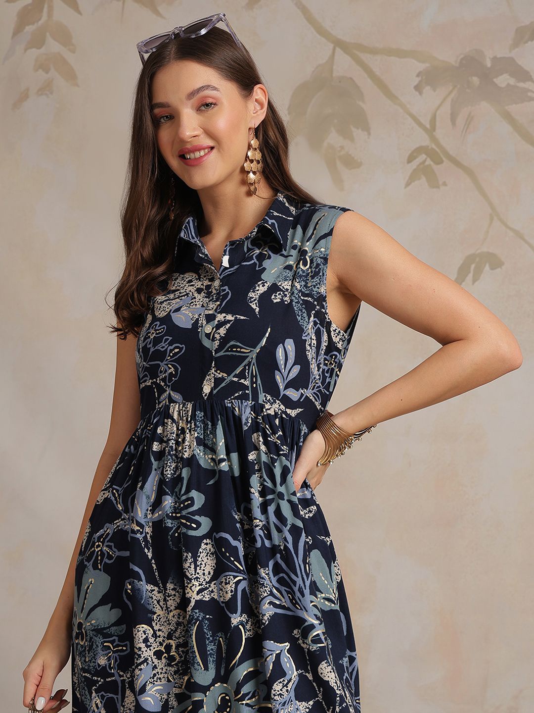 

Anouk Women Floral Printed Shirt Collar Sleeveless Fit & Flare Dress, Navy blue