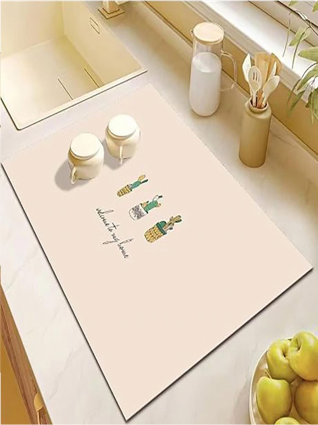 

HOUSE OF QUIRK Beige & Green Printed Rectagular Kitchen Dish Drying Mat