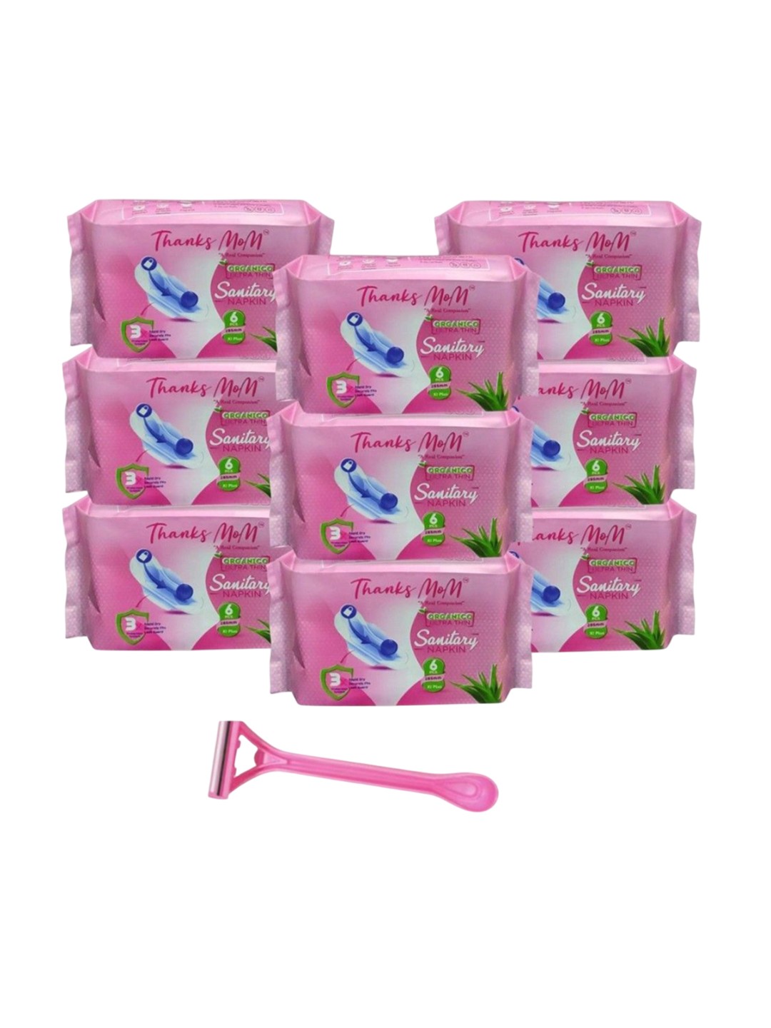 

THANKS MOM Set Of 9 Organico Ultra Thin Sanitary Pads With Razor - XL - 6 Pads Each, White