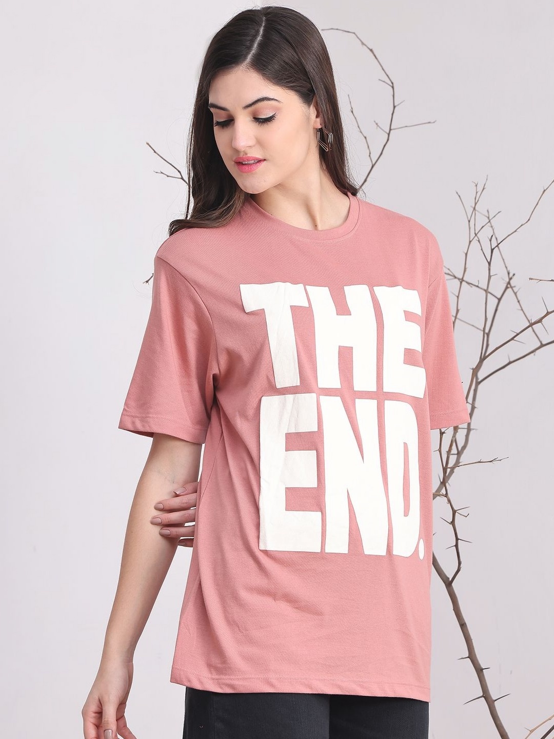 

DOOR74 Women Typography Printed Drop-Shoulder Sleeves T-shirt, Pink