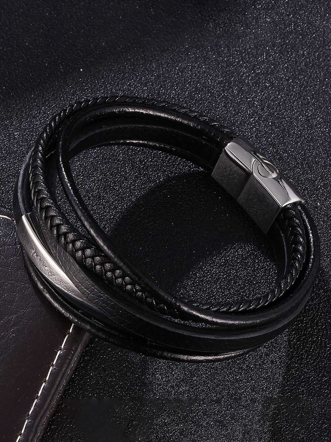 

Jewels Galaxy Men Leather Silver-Plated Wraparound Bracelet, Black