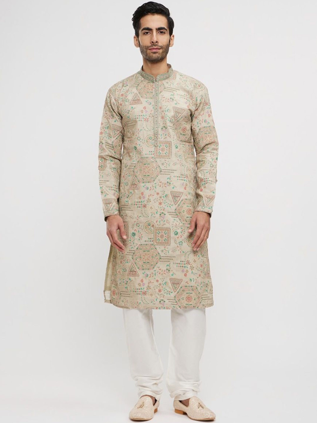 

Twamev Men Embroidered Regular Sequinned Kurta with Churidar, Beige