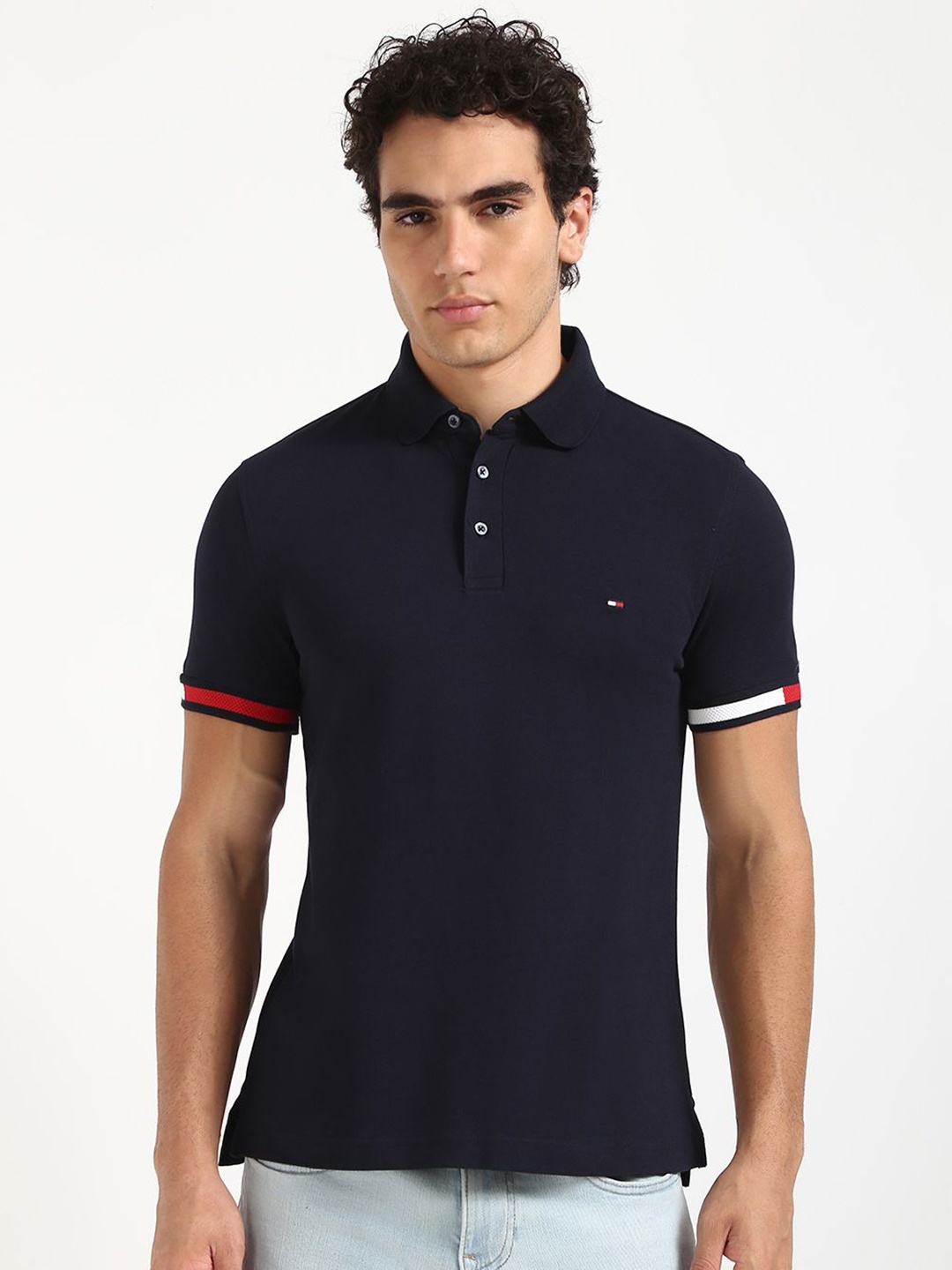 

Tommy Hilfiger Men Solid Polo Collar Cotton T-shirt, Navy blue