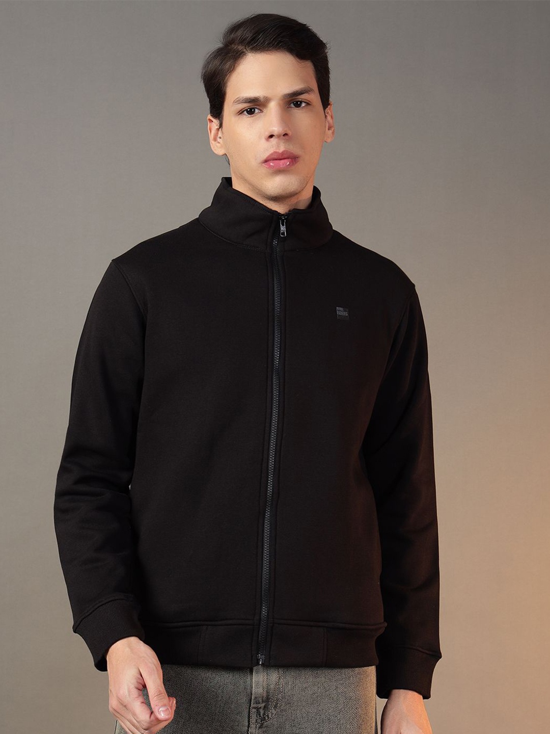 

FCK GOLD Men Mock Collar Front-Open Sweatshirt, Black