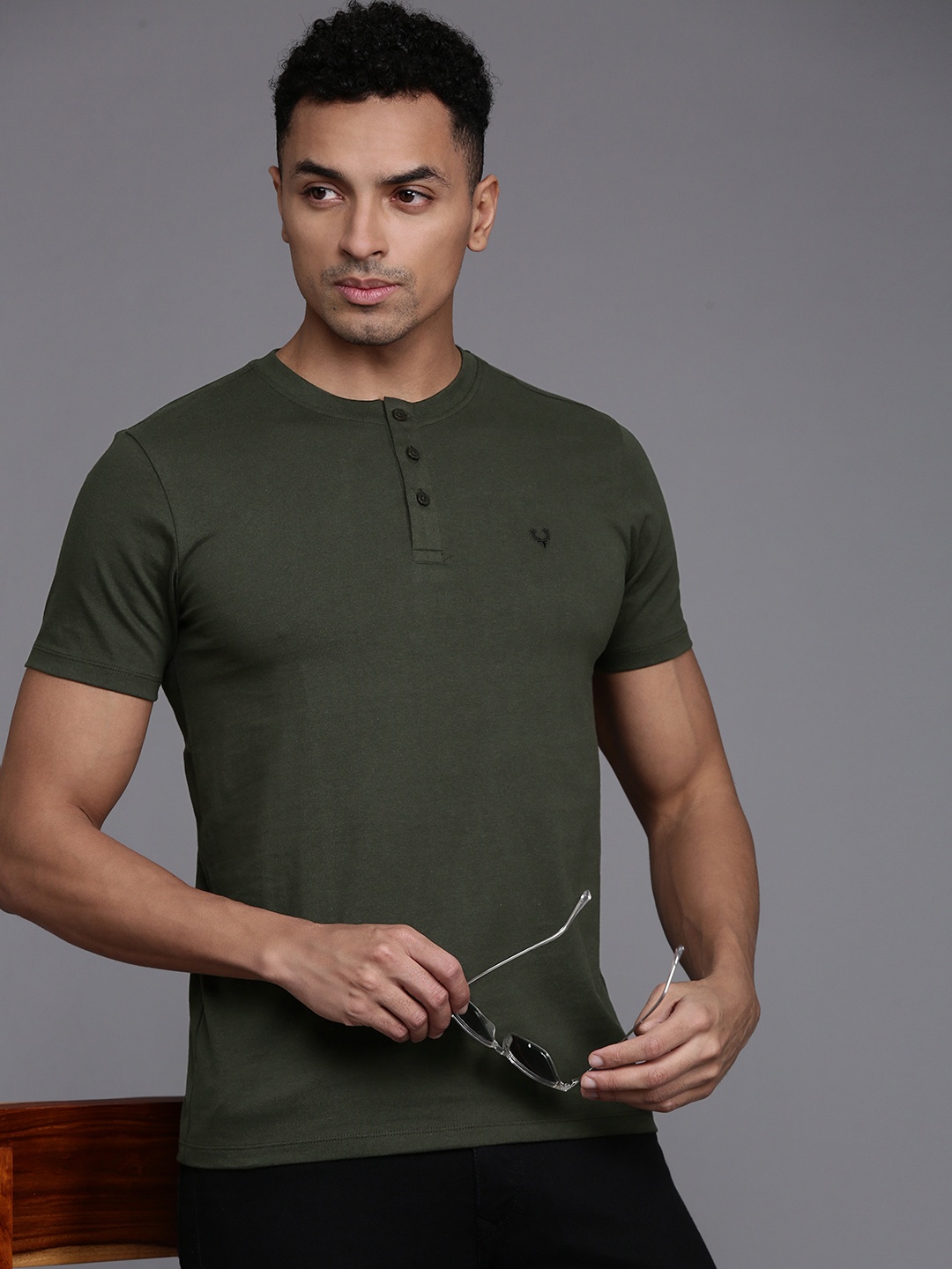 

Allen Solly Pure Cotton Henley Neck Slim Fit T-shirt, Olive