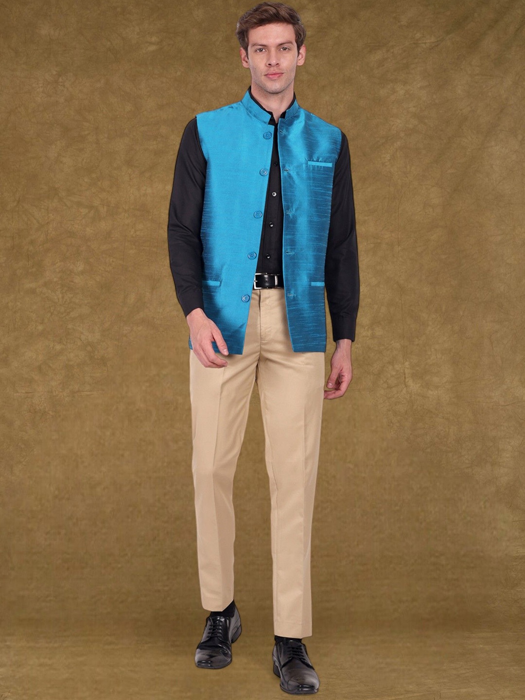 

SKAVIJ Men Mandarin Collar Nehru Jacket, Turquoise blue