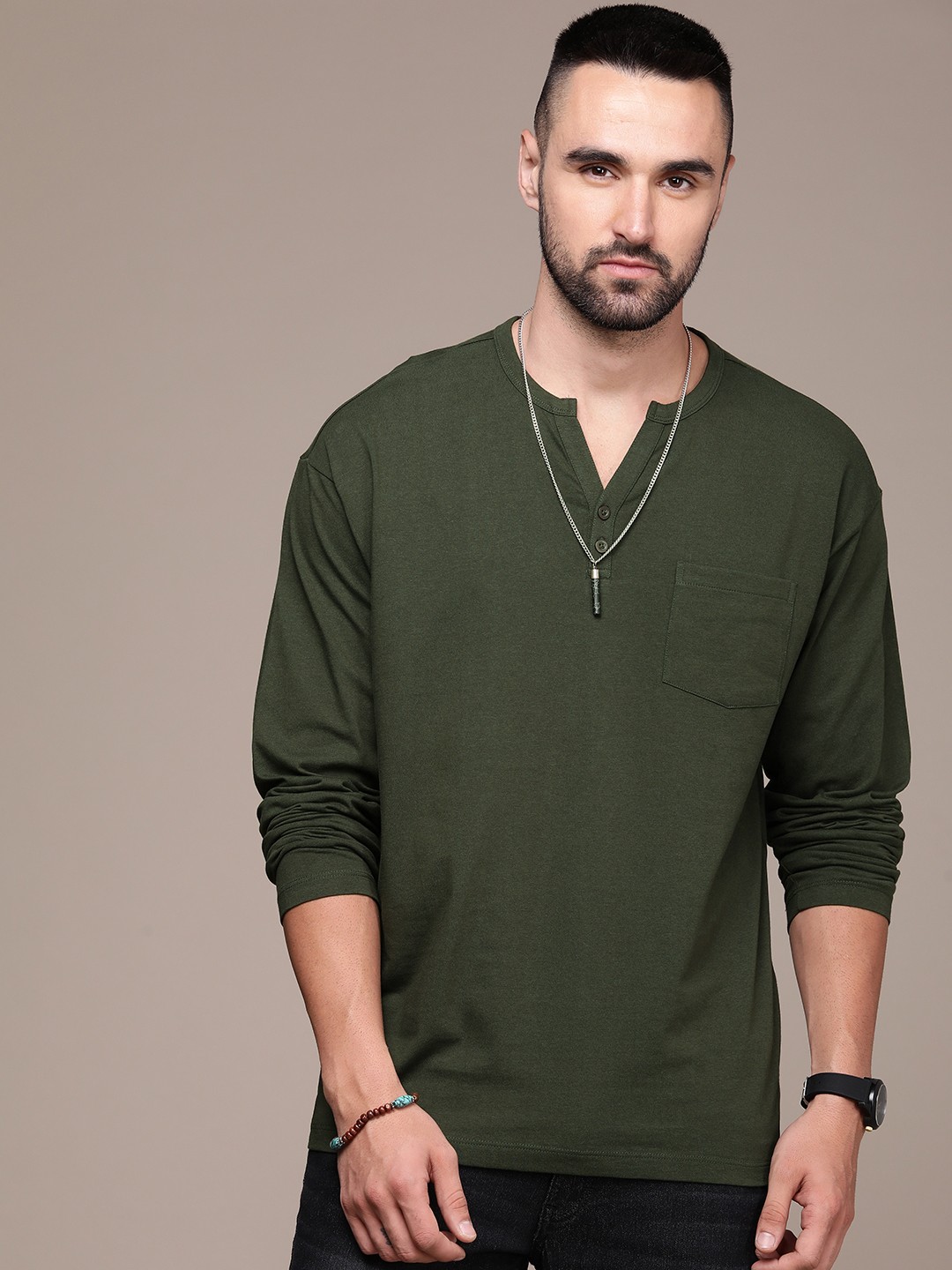 

The Roadster Lifestyle Co. Men Henley Neck Pure Cotton T-shirt, Olive