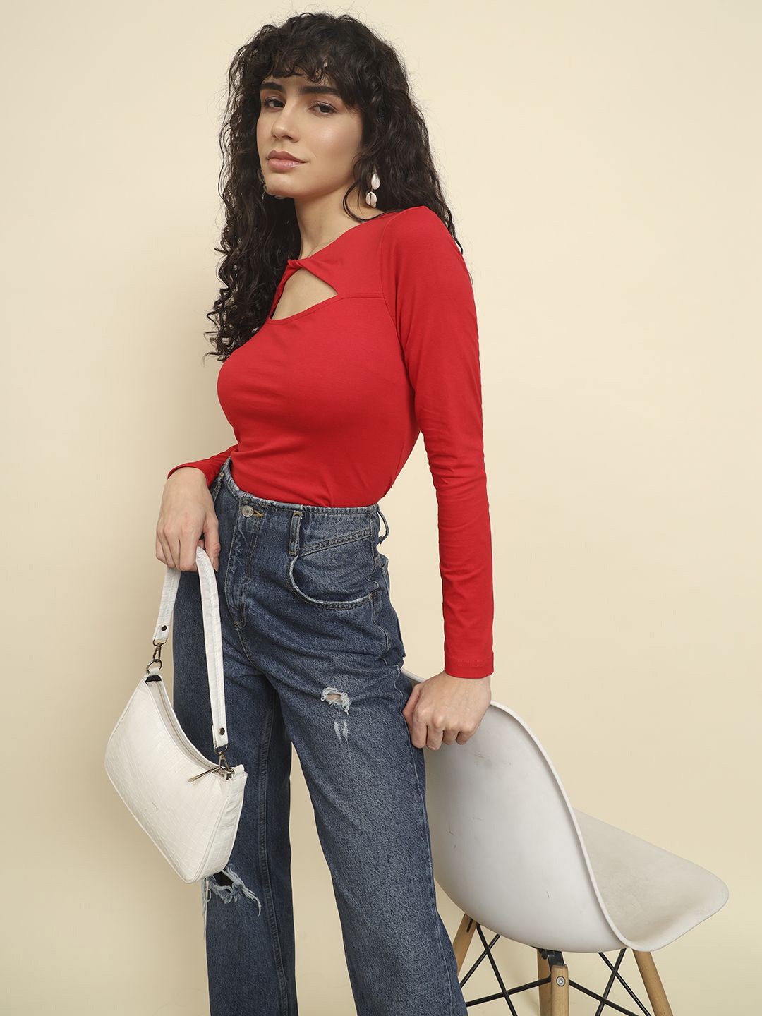 

BAESD Women Cut Out Cotton Long Sleeves Top, Red